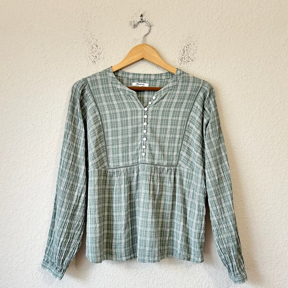 Madewell Sage Green Plaid Button-Front Peasant Blouse